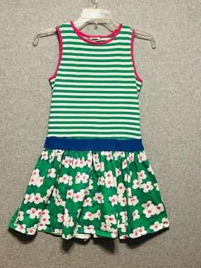 Girls Green Stripe & Floral Tank Dress with Pink Trim
